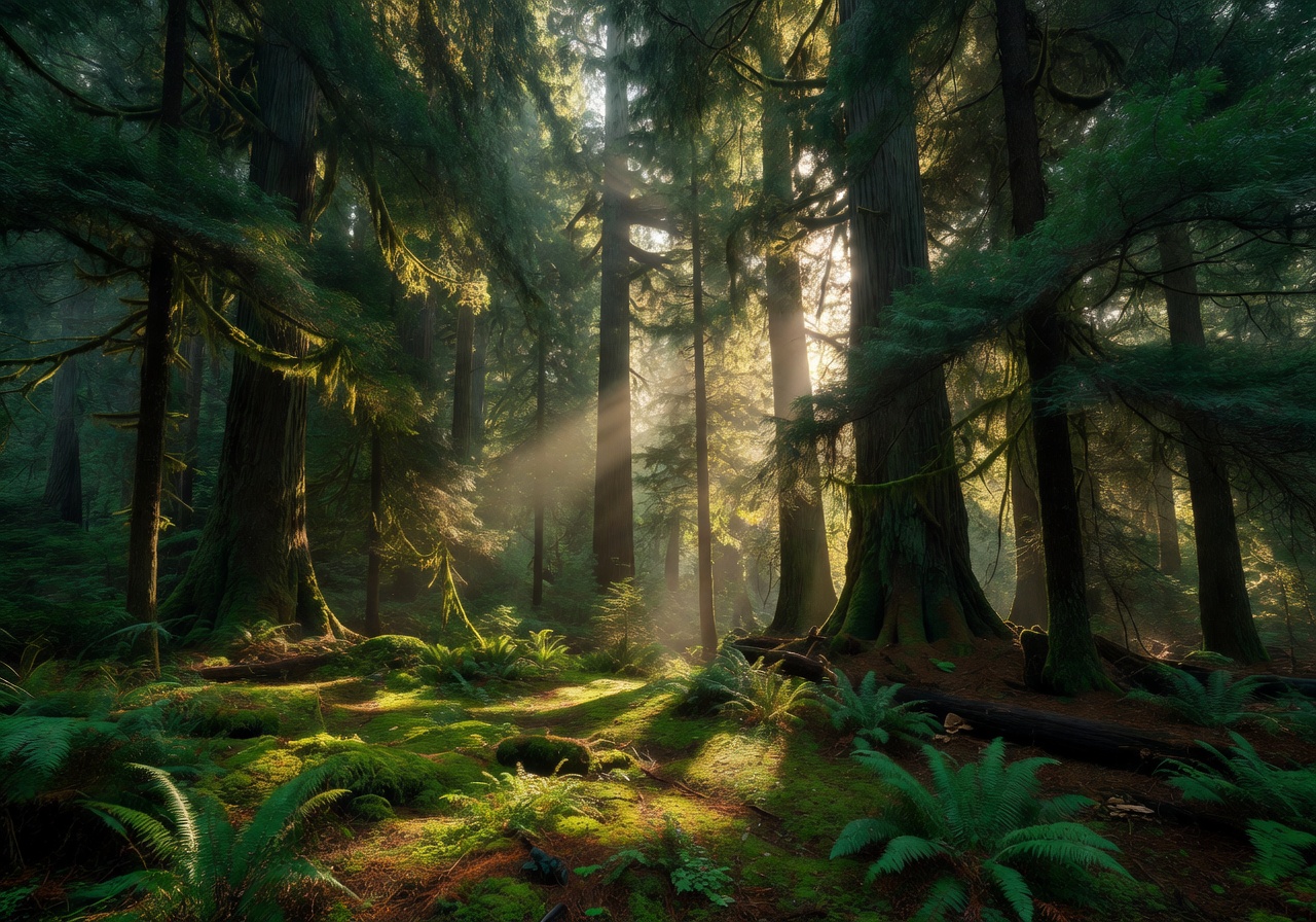 Ancient forest with tall green trees and filtered light