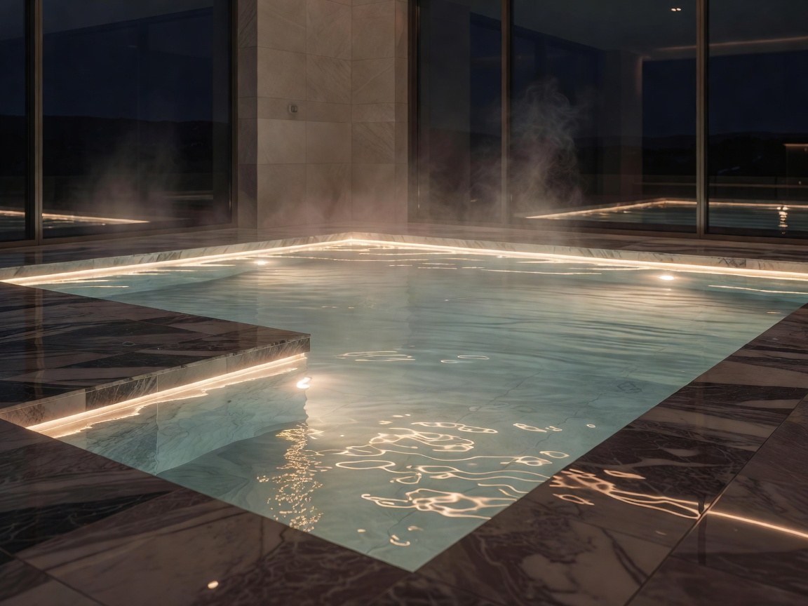 Beautiful heated indoor swimming pool at night with soft lighting