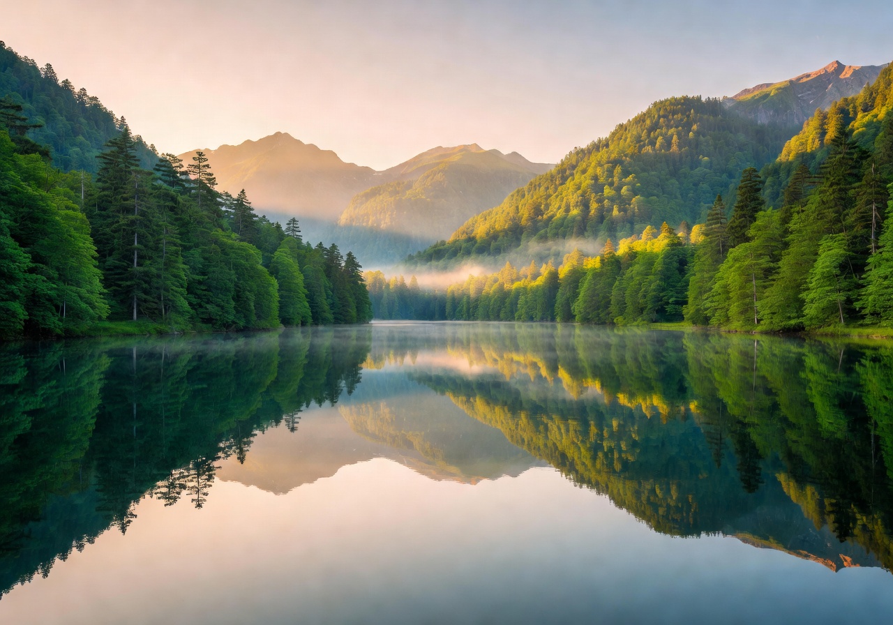 Calm lake surrounded by green mountain forest at sunrise
