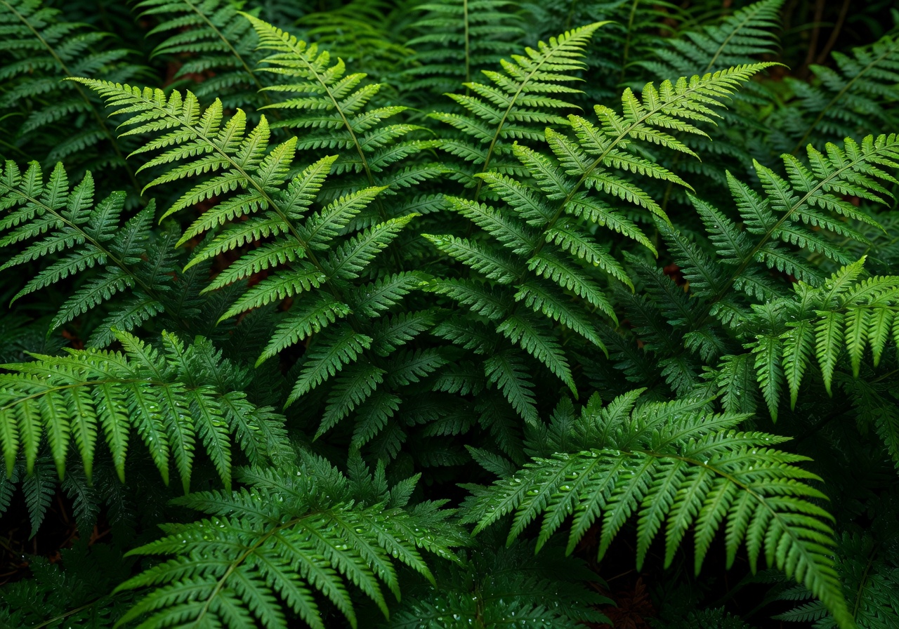 Dense emerald forest ferns close-up
