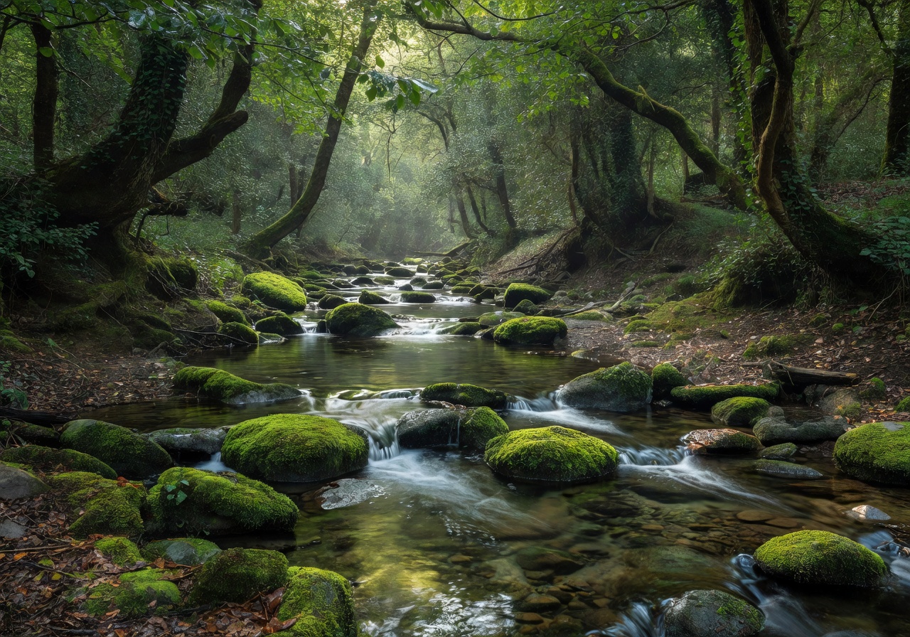 Gentle forest stream flowing over mossy stones
