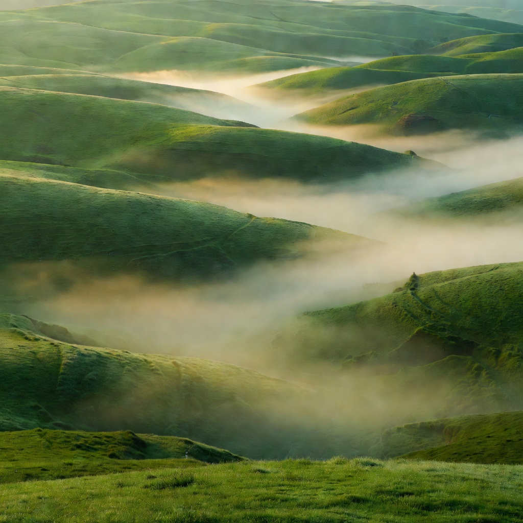 Green rolling hills with morning mist