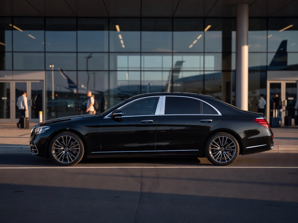 Luxury black transfer car waiting at the airport for cyroweplaymor guests