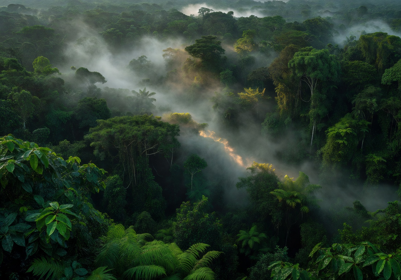 Misty deep green jungle canopy at dawn