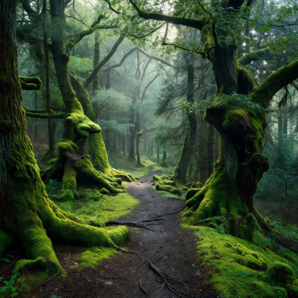 Peaceful forest path surrounded by moss-covered trees