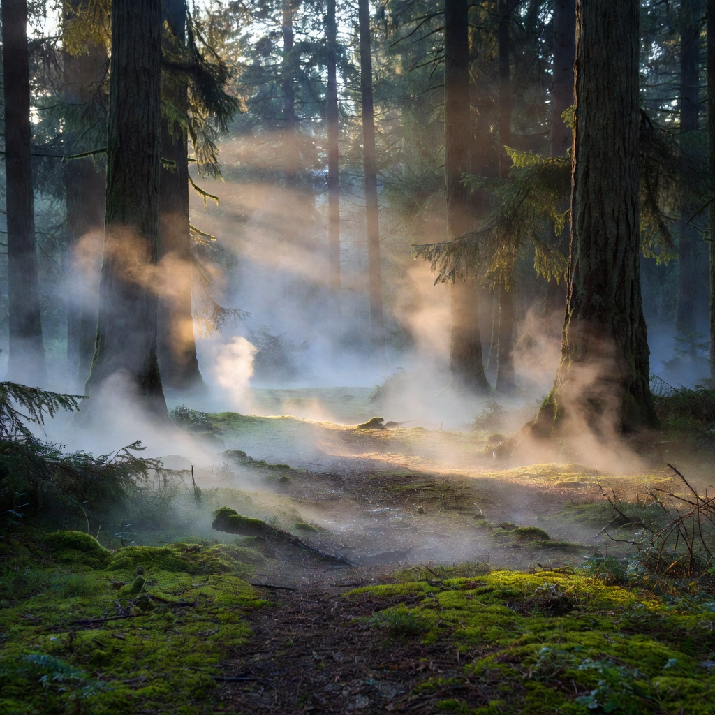 Quiet forest with mist rising from the ground