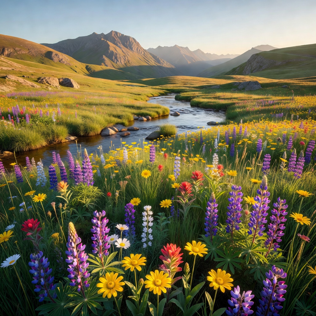 Quiet mountain meadow with wildflowers