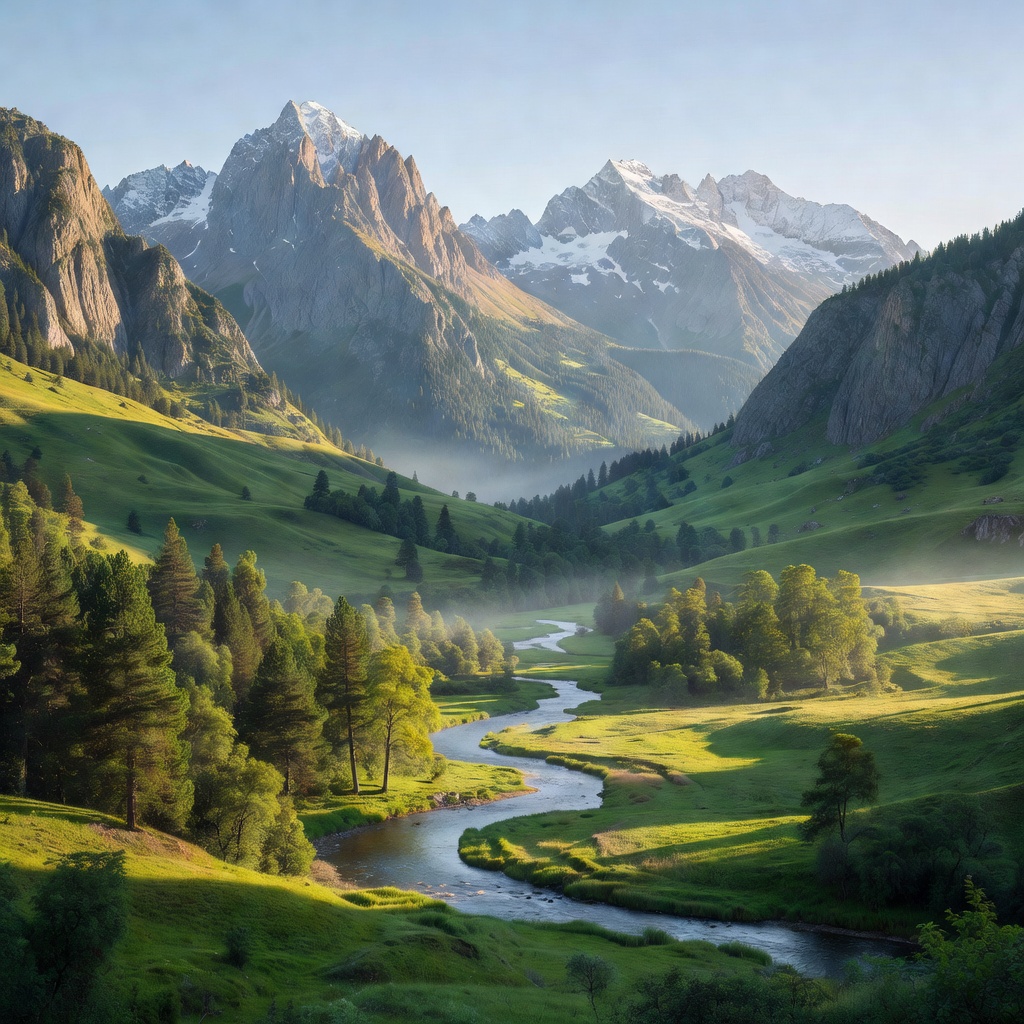 Serene mountain landscape with green valleys
