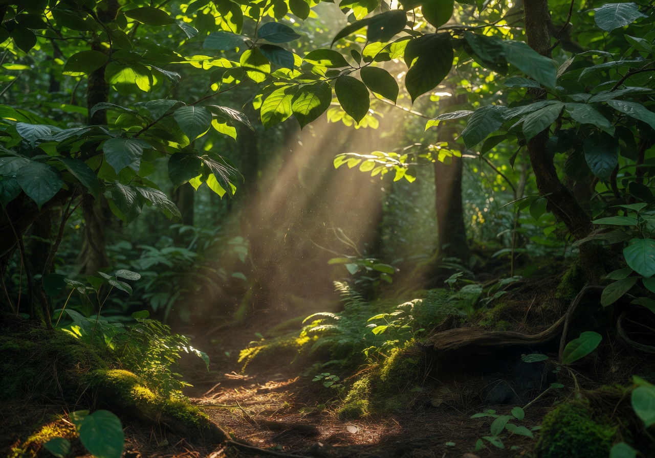 Sunlight beams through dense green forest leaves