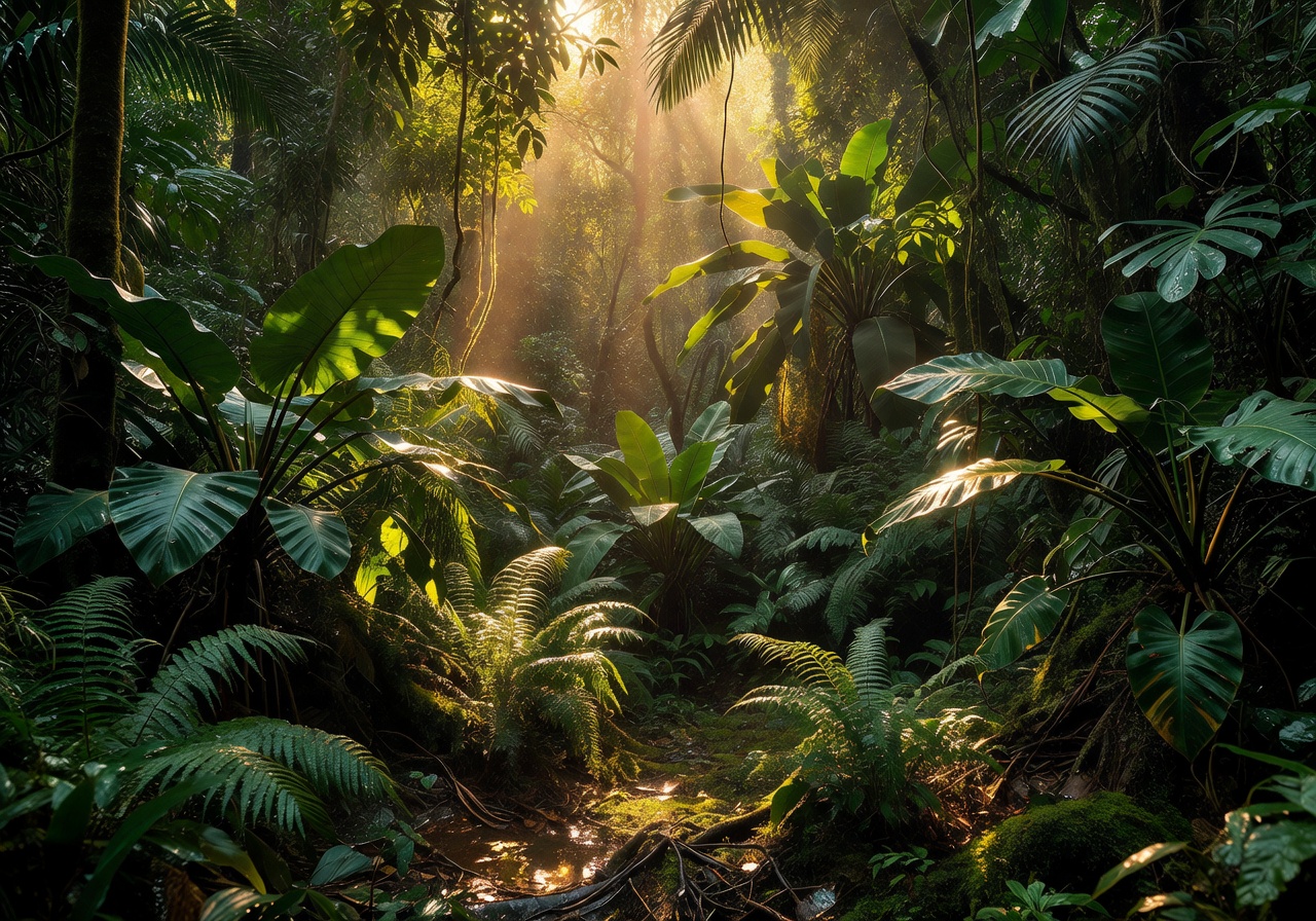 Sunlight streaming through dense tropical rainforest leaves