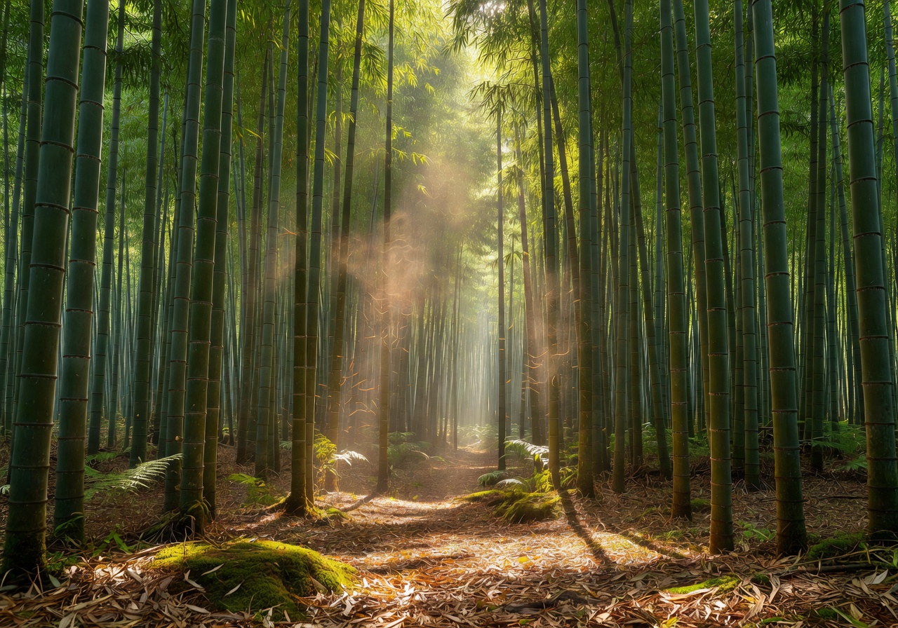Tall bamboo forest with sunlight filtering through