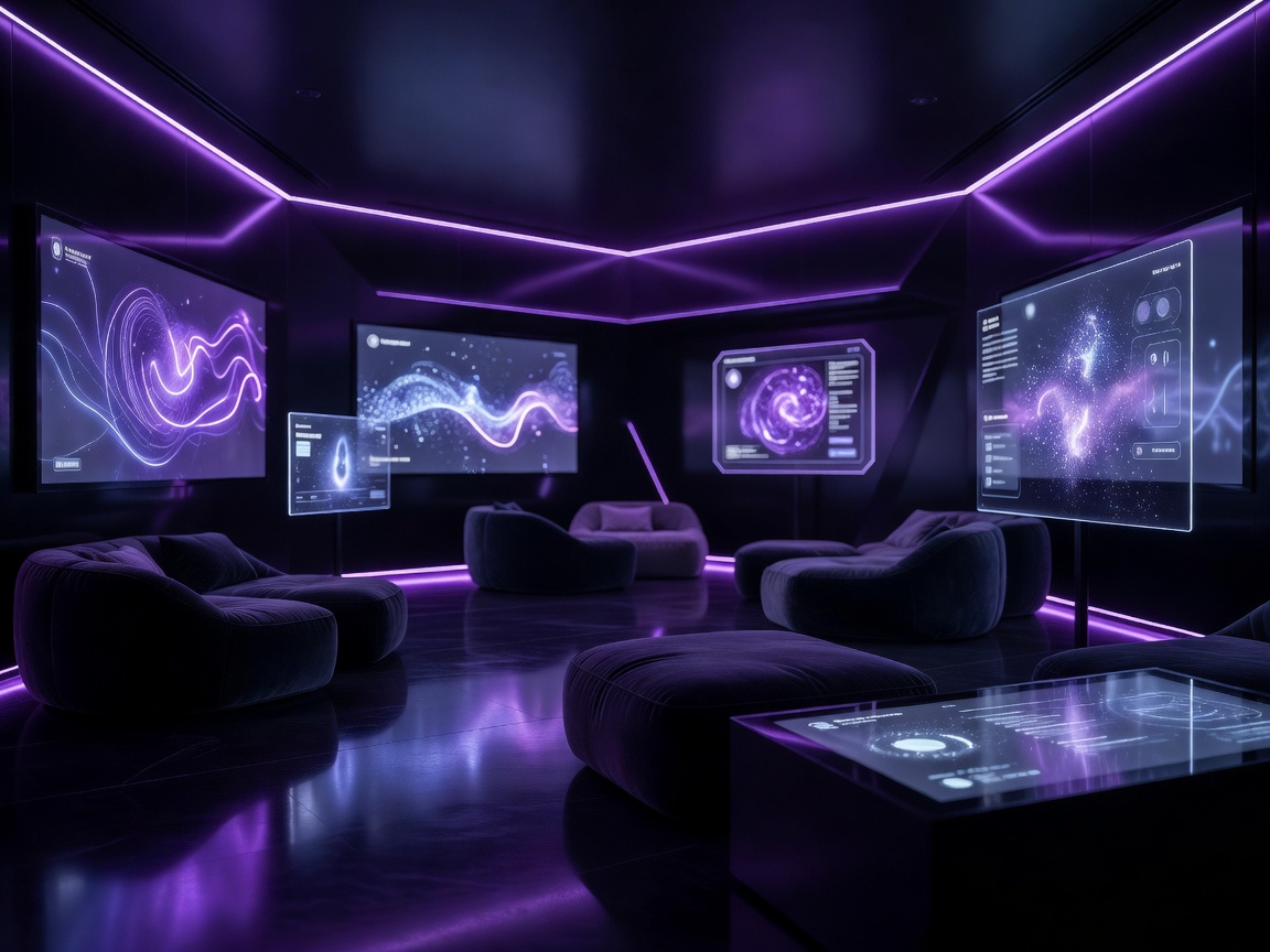 cyroweplaymor entertainment lounge with digital interactive displays and purple lighting