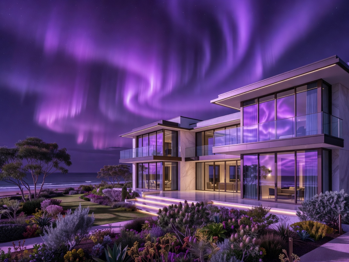 cyroweplaymor luxury hotel exterior at night in Australia with aurora purple sky