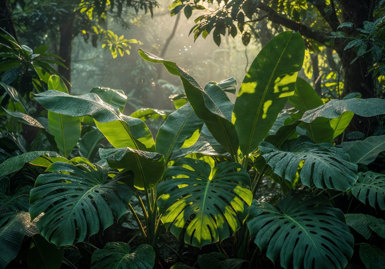 Tropical leaves with soft morning light filtering through
